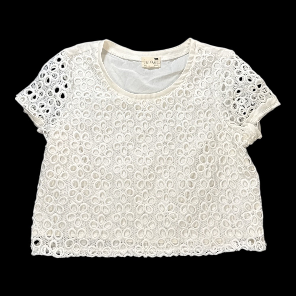 LA Hearts White Eyelet Cropped Short Sleeve Top Women's Size L